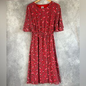 Anne Klein Midi Dress Womens 8 Red Botanical Leaf Tiered Flutter Sleeve Chiffon